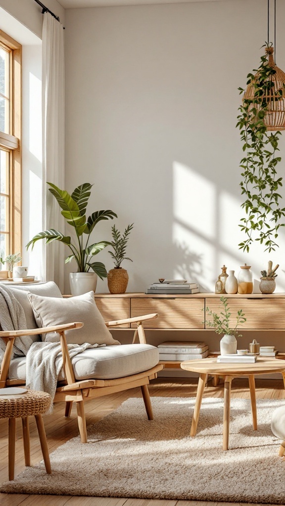 cozy boho living room - Cozy boho living room with natural wood accents, plants, and soft furnishings.
