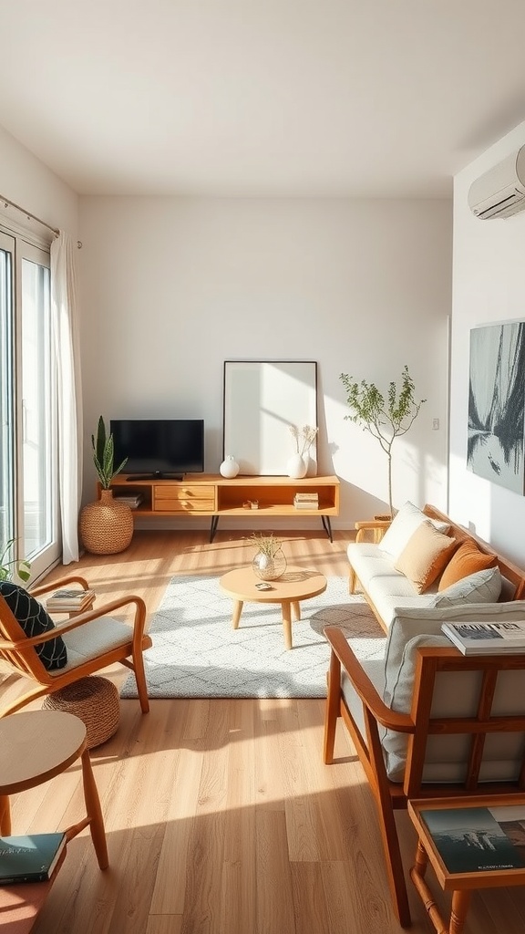 Neutral Fall Decor Living Rooms
- Bright living room with natural wood accents, featuring wooden furniture and plants.