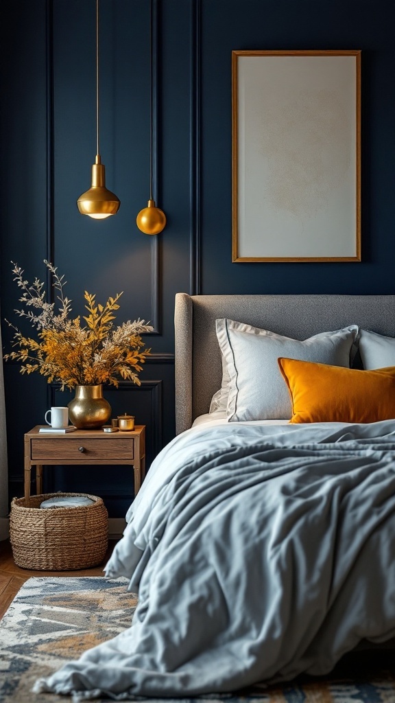 A cozy bedroom with navy blue walls and warm gold accents, featuring a comfortable bed and decorative elements.