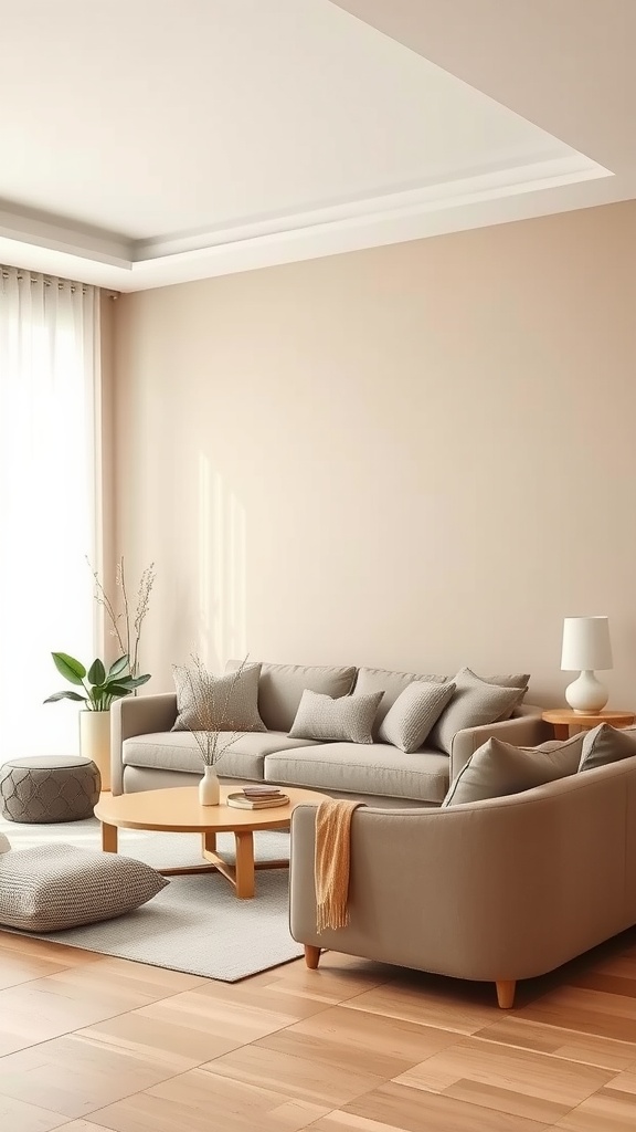 Neutral Fall Decor Living Rooms
-A cozy living room featuring soft beige walls, a comfortable sofa, and a warm atmosphere, perfect for neutral fall decor.