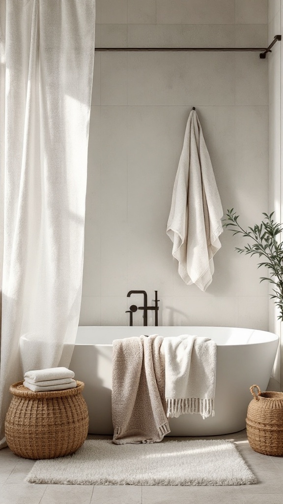 rustic small bathroom ideas -A rustic small bathroom featuring a white bathtub, soft neutral towels, and woven baskets.