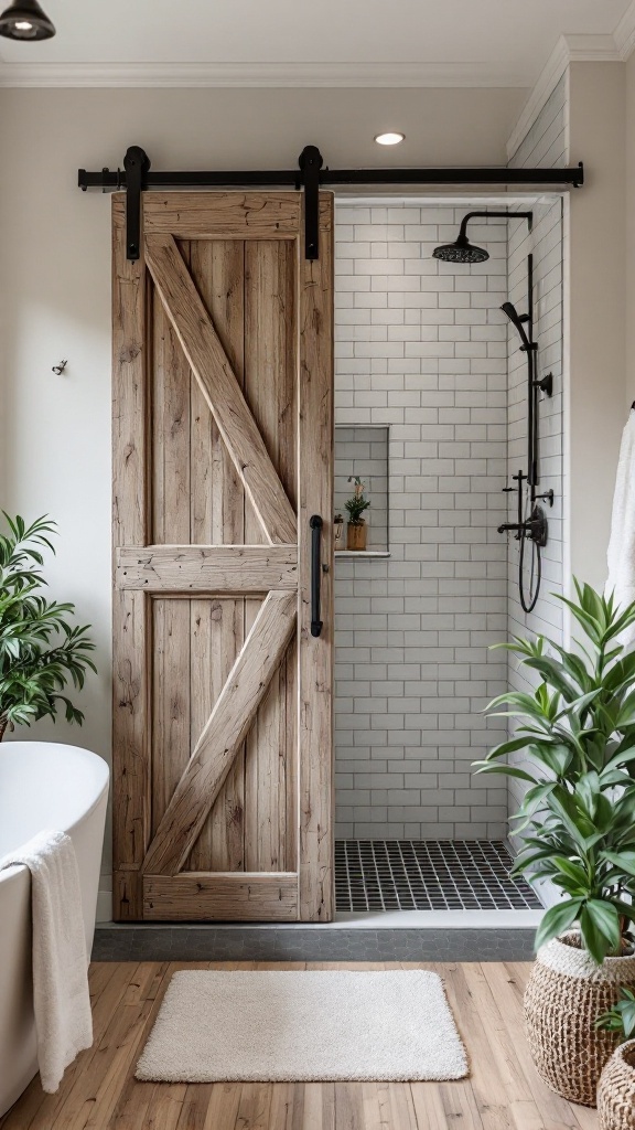 Modern farmhouse bathroom ideas -
Open concept shower with barn door in a modern farmhouse bathroom