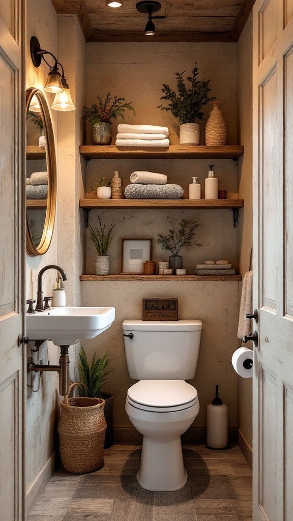 rustic small bathroom ideas -A rustic small bathroom featuring open shelving with towels and plants.