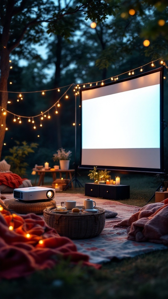 backyard layout - Cozy outdoor movie setup with a projector, screen, and string lights