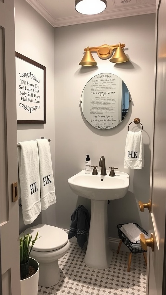 tiny half bathroom ideas -A stylish tiny half bathroom featuring a round mirror, gold sconces, framed art, and personalized towels.