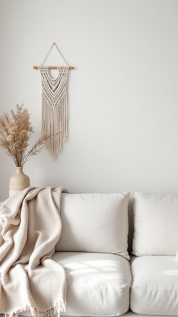 boho minimalist living room - A minimalist living room with a cozy sofa, macramé wall hanging, and a vase of dried flowers.