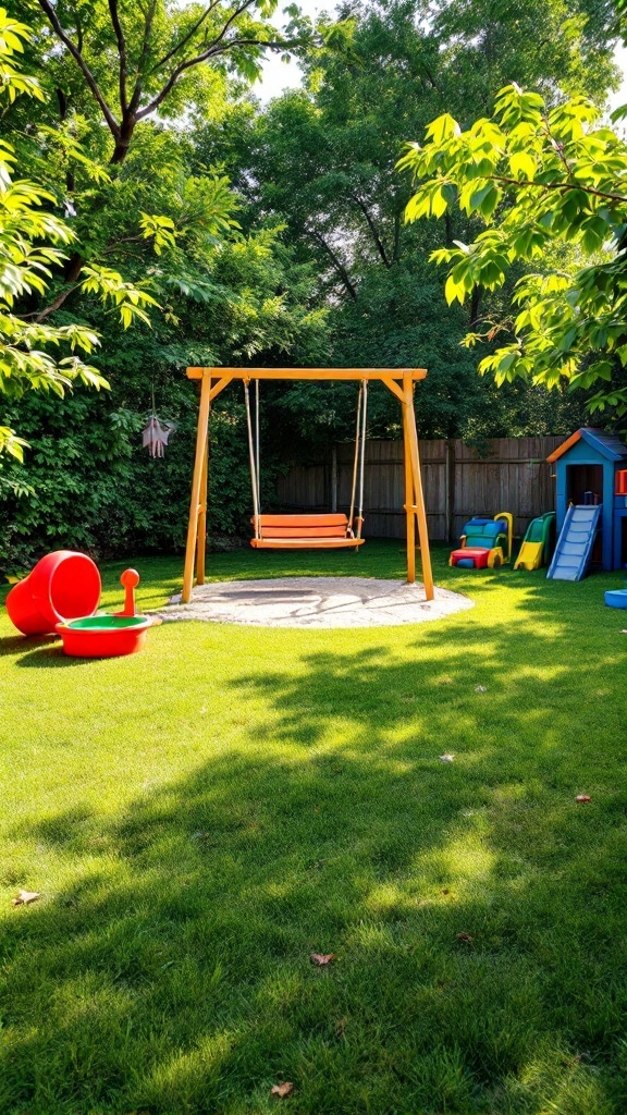 backyard layout - A colorful kids' play area in a backyard featuring a swing, play structures, and green grass.