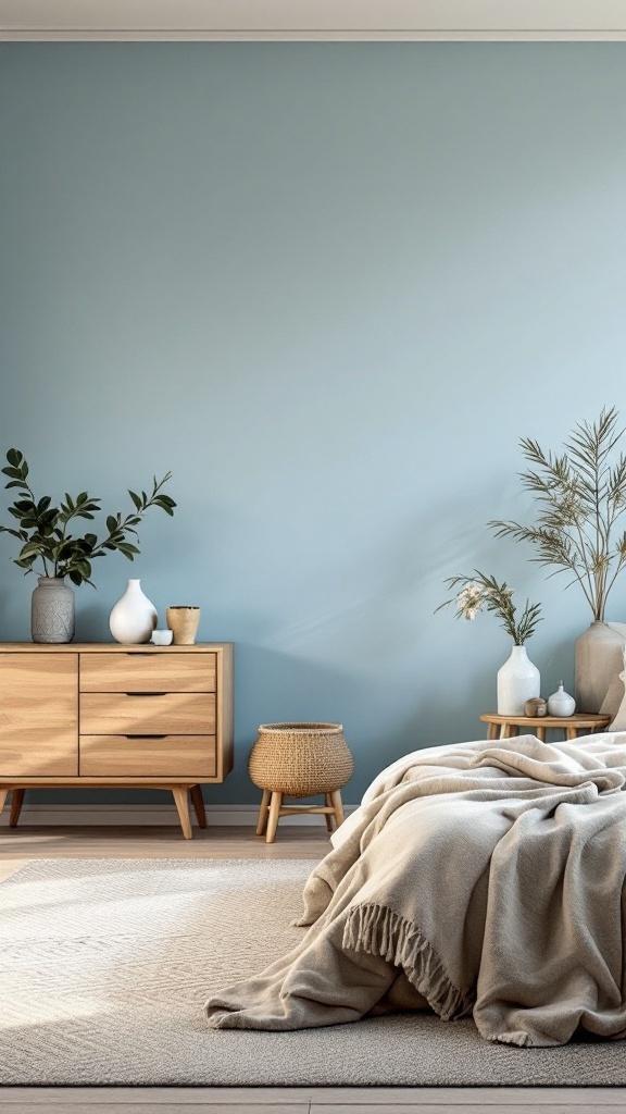 A cozy blue bedroom featuring a powder blue wall, natural wood furniture, and decorative plants.