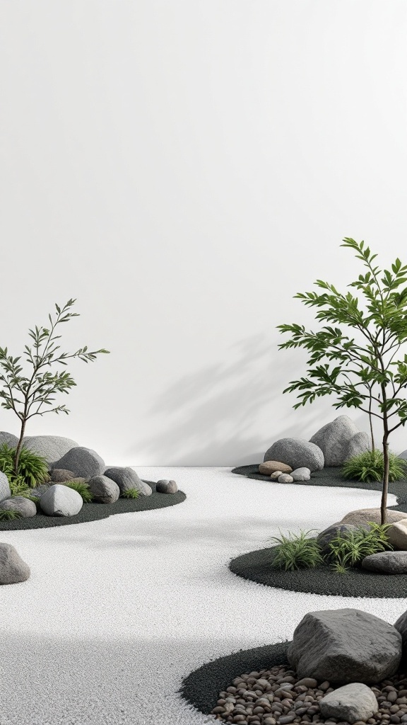 backyard layout - A tranquil zen garden with smooth stones, white gravel, and lush greenery.