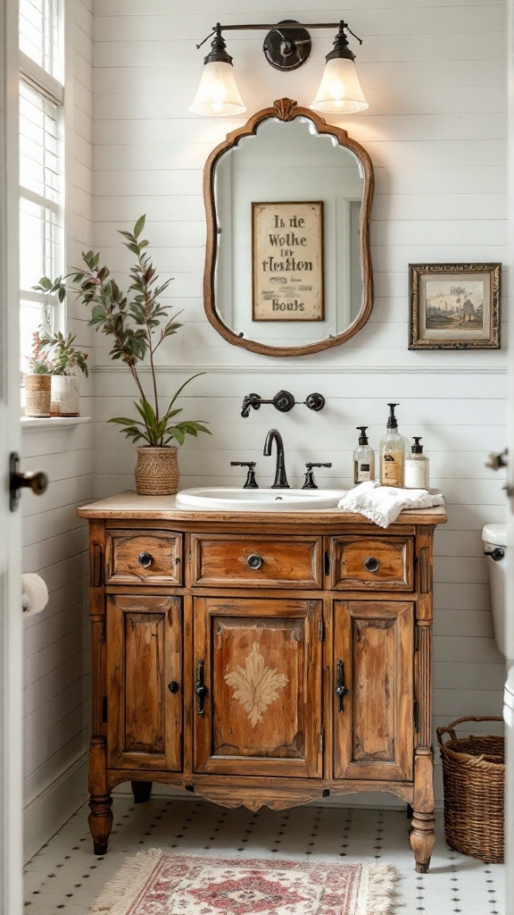 rustic small bathroom ideas -A rustic small bathroom featuring a repurposed wooden vanity, mirror, plants, and decorative accents.