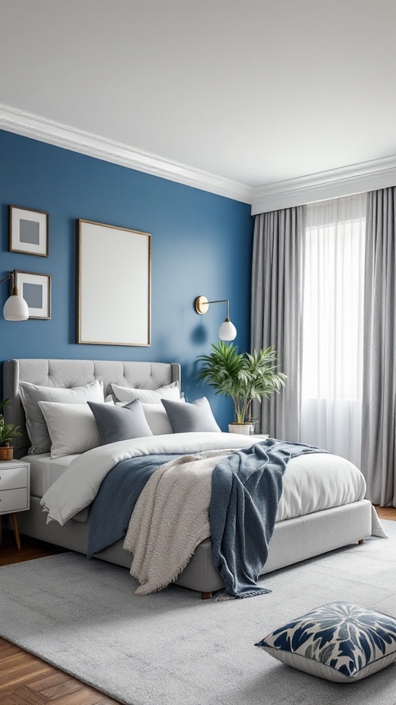 Bedroom featuring royal blue walls, soft gray bedding, and a potted plant, creating a serene atmosphere.