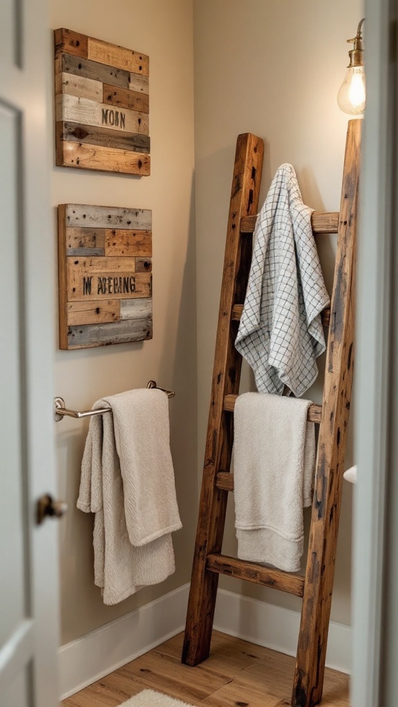 rustic small bathroom ideas -A rustic ladder towel rack in a small bathroom, displaying soft towels and wooden wall decorations.
