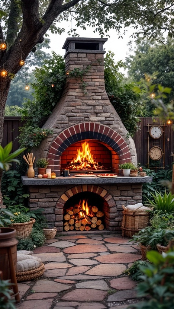 backyard layout - A rustic wood-fired pizza oven made of stone with a warm fire, surrounded by greenery and a charming patio.