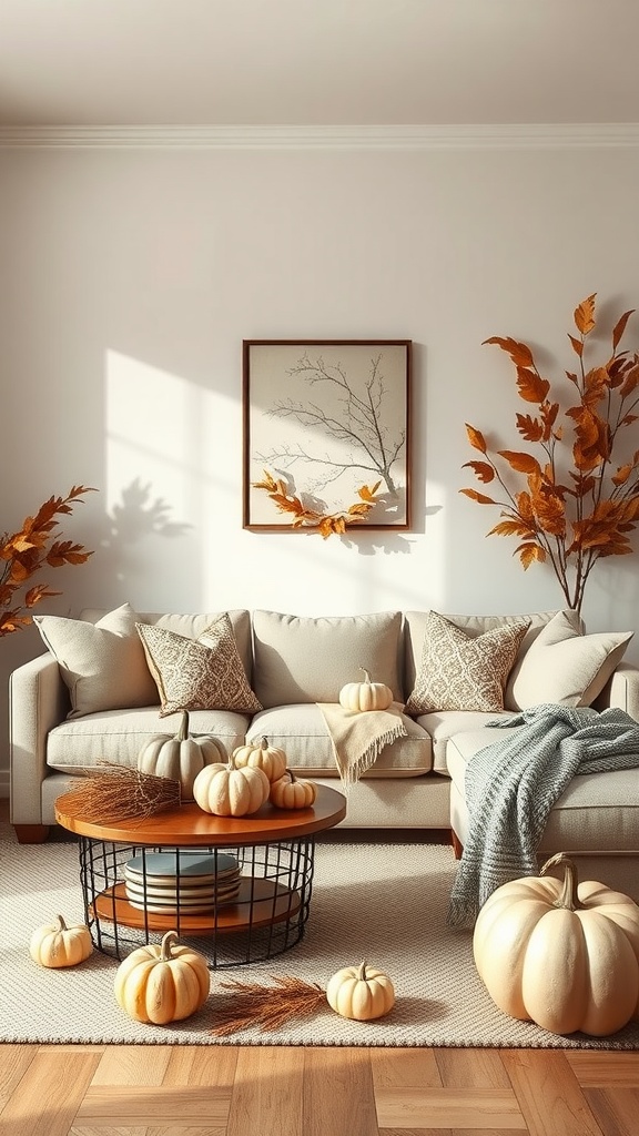 Neutral Fall Decor Living Rooms
- A cozy living room decorated for fall with neutral tones, pumpkins, and autumnal leaves.