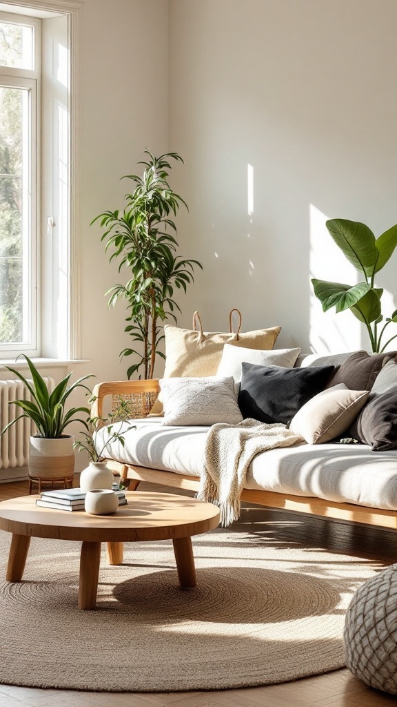 boho minimalist living room - Cozy boho minimalist living room with a light sofa, round coffee table, and lush green plants.