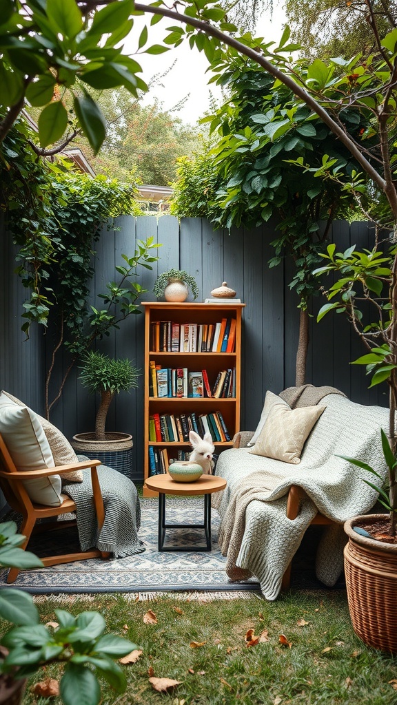 cozy backyard idea-Cozy outdoor reading nook with comfortable seating, bookshelf, and greenery.
