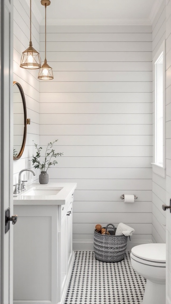 Modern farmhouse bathroom ideas -
A modern farmhouse bathroom featuring shiplap walls and contemporary pendant lighting.