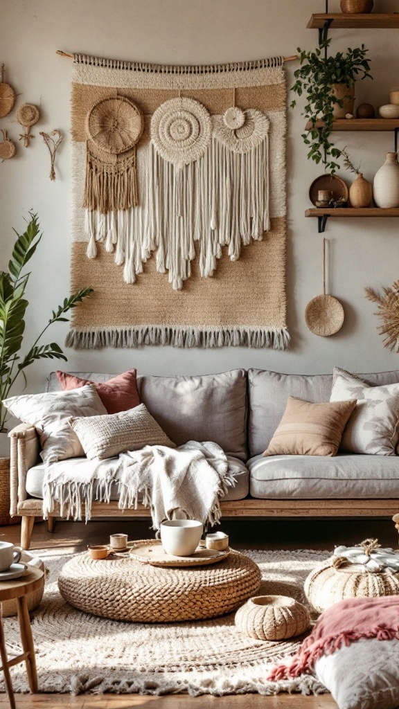 boho farmhouse living room - 
A boho farmhouse living room featuring handcrafted decor elements like a woven wall hanging, soft cushions, and a round coffee table.