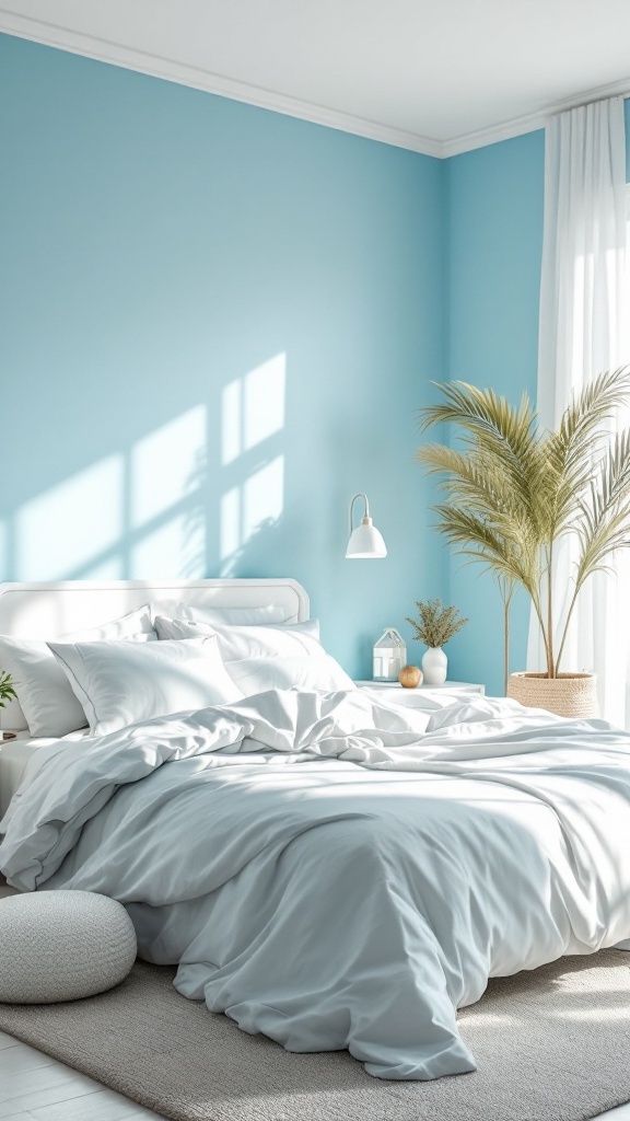 A serene blue bedroom with sky blue walls, white bedding, and decorative plants.