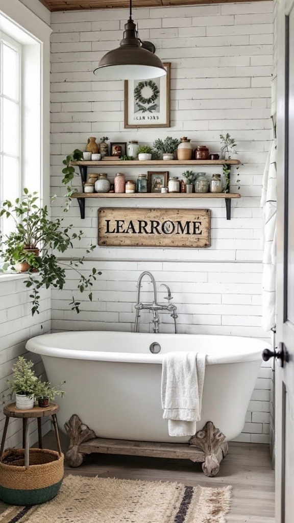 rustic small bathroom ideas -A rustic small bathroom featuring a white bathtub, wooden shelves with plants and jars, and warm decorative accents.