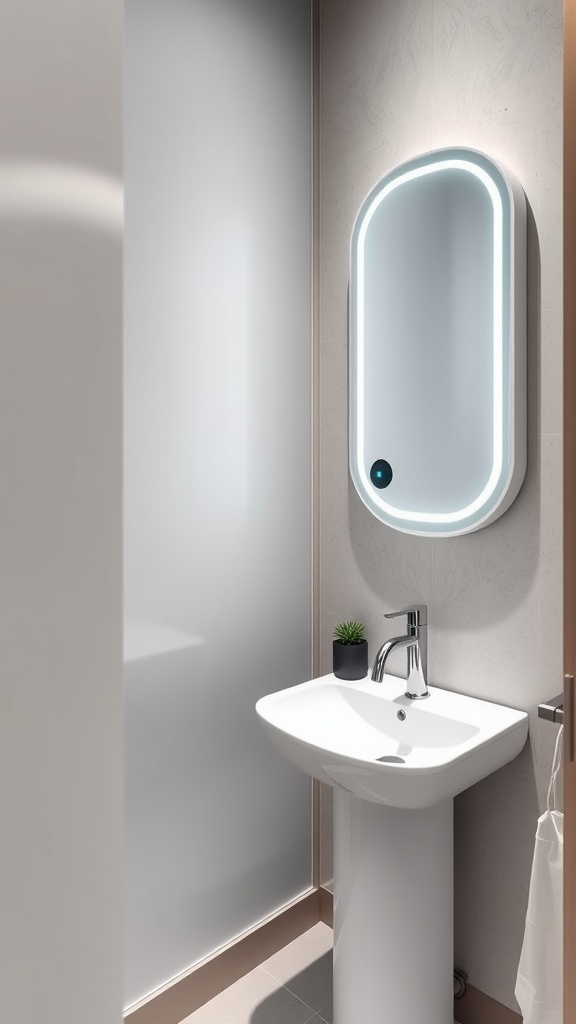 tiny half bathroom ideas -A modern tiny half bathroom featuring a smart mirror with integrated lighting and a contemporary sink.