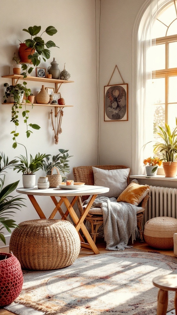 boho minimalist living room - A cozy boho minimalist living room featuring a round table, poufs, woven rug, and plants on shelves near a large window.
