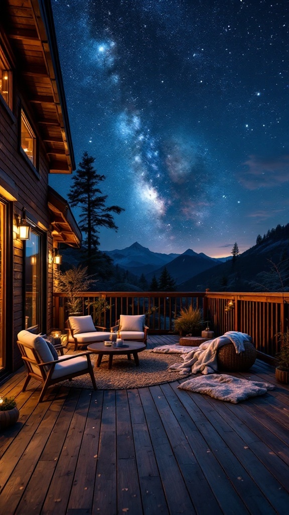 backyard layout - Cozy stargazing deck with seating, plants, and a starry night sky