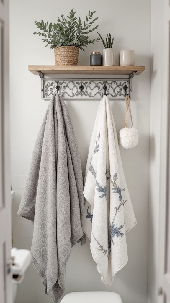 tiny half bathroom ideas - Stylish hooks and rack in a half bathroom holding towels and decorative items