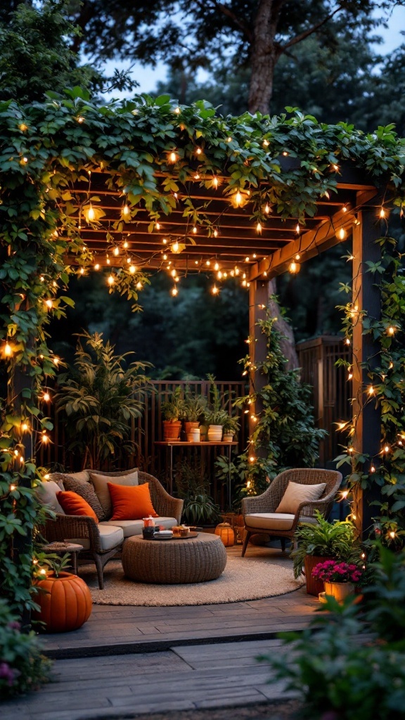 backyard layout - Cozy backyard pergola overhang with warm lights and comfortable seating