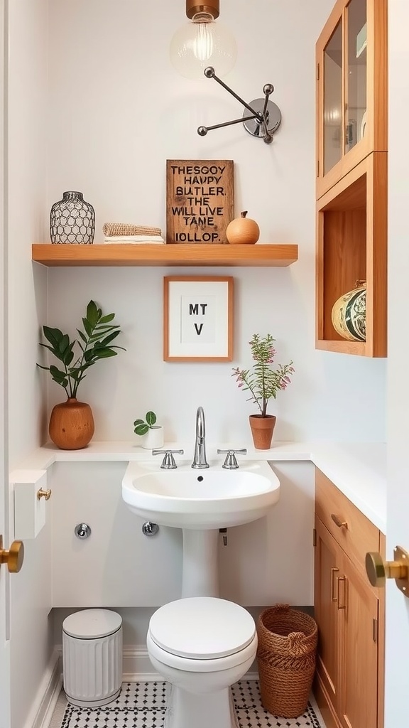 tiny half bathroom ideas -Stylish tiny half bathroom with floating shelves, potted plants, and decorative storage solutions.