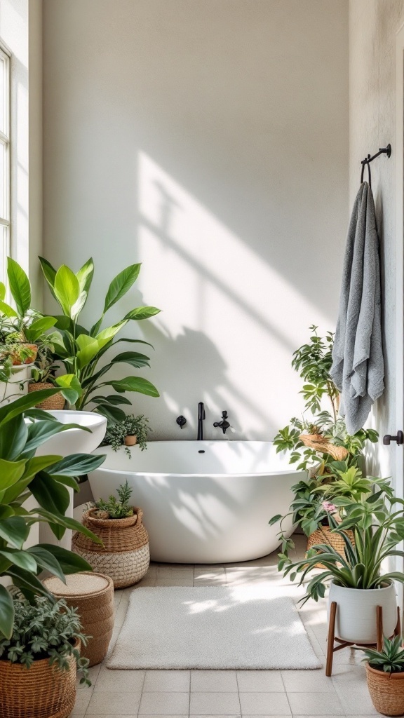 Modern farmhouse bathroom ideas -
A modern farmhouse bathroom featuring a white bathtub surrounded by lush greenery and succulents in decorative pots.
