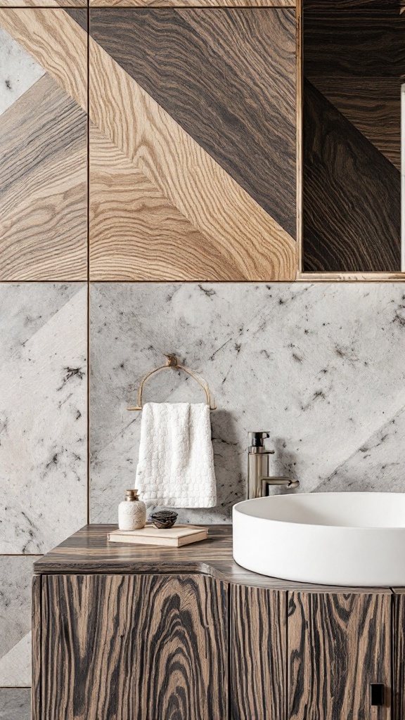 tiny half bathroom ideas - A stylish tiny half bathroom featuring textured wood paneling and marble surfaces.