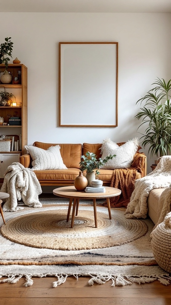 cozy boho living room - Cozy boho living room with layered textured rugs, a brown sofa, and decorative plants.