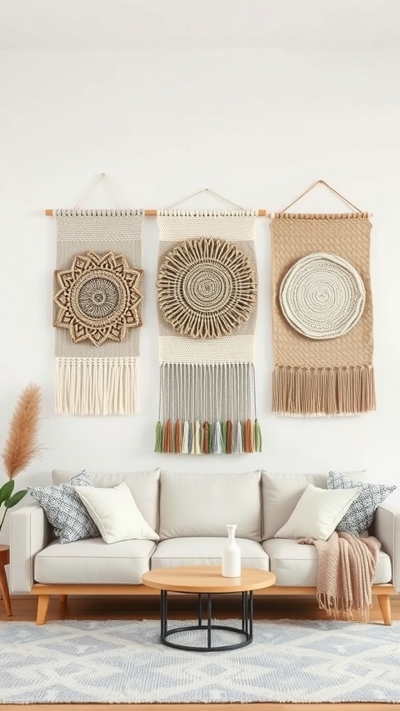 Neutral Fall Decor Living Rooms
- Three textured wall hangings above a light-colored sofa in a cozy living room