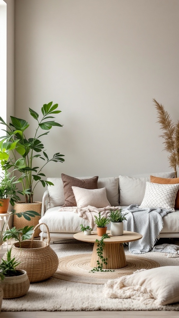 boho minimalist living room - A serene boho minimalist living room featuring a light sofa with earthy cushions, a wooden coffee table, and various plants.