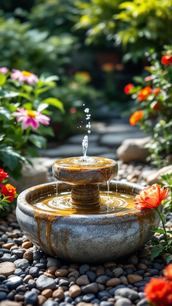 backyard layout -  A stone fountain with water gently flowing, surrounded by colorful flowers and pebbles in a serene garden setting.