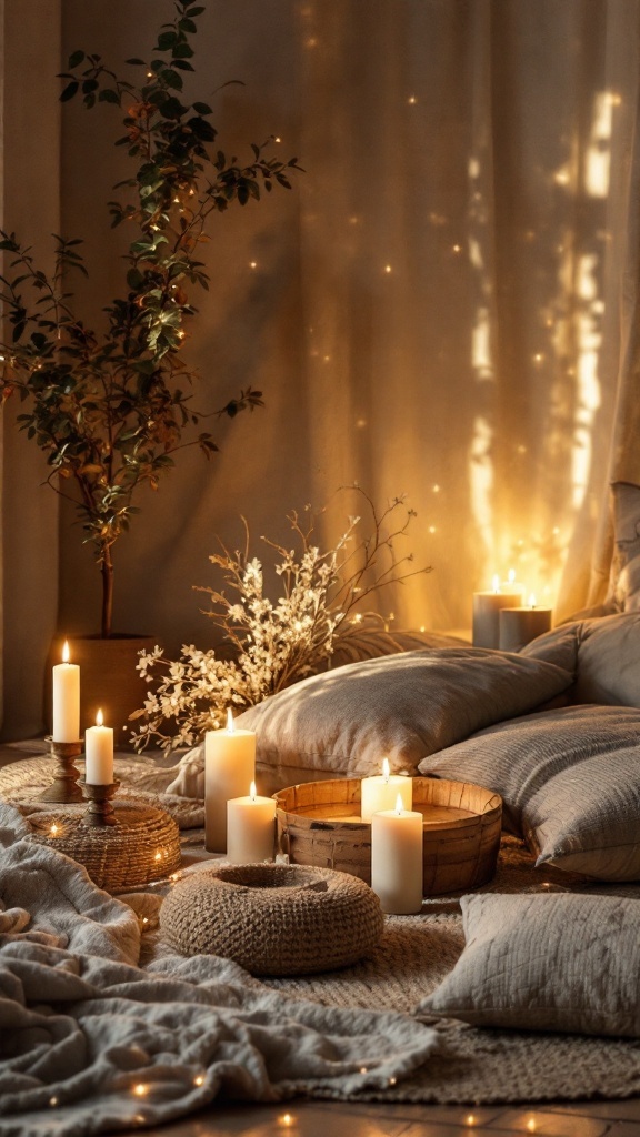 boho minimalist living room - A cozy boho minimalist living room filled with candles and soft textiles, creating a warm and inviting atmosphere.