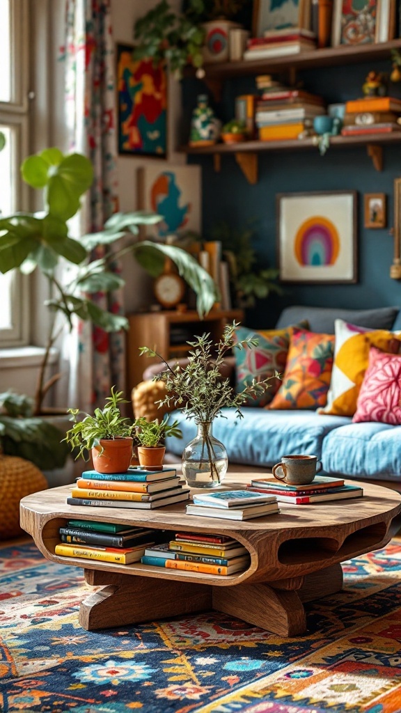 colorful boho living room - A stylish wooden coffee table with books and plants, set in a colorful boho living room