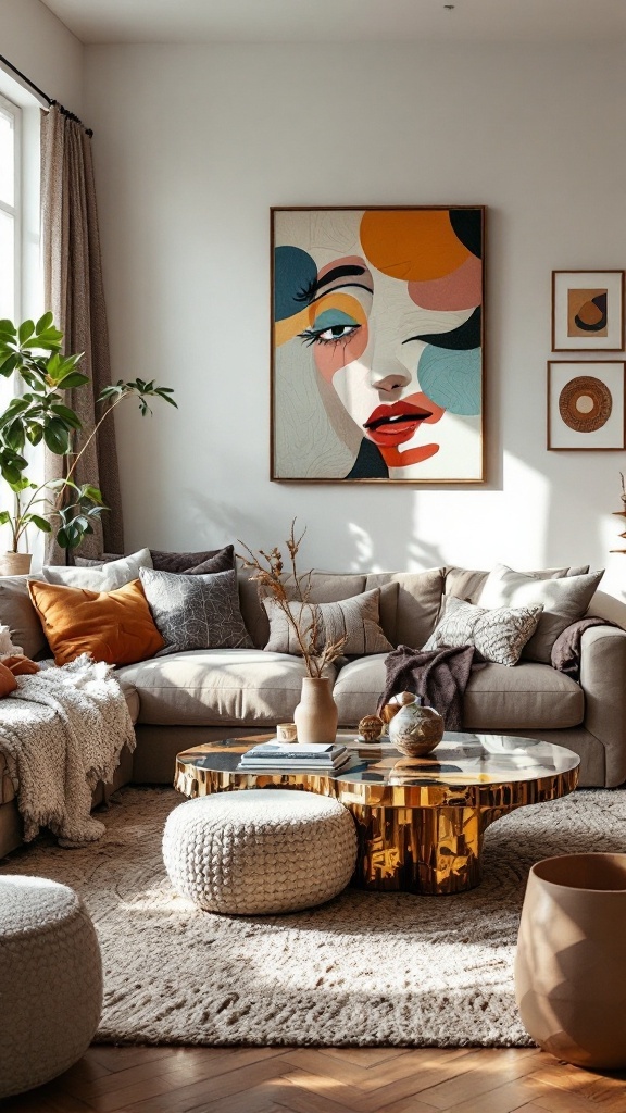 earthy boho living room -A cozy earthy boho living room featuring a unique golden coffee table, plush cushions, and artistic wall decor.