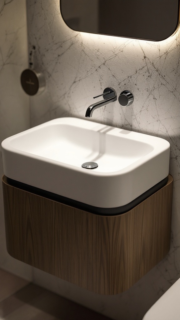 tiny half bathroom ideas - A modern wall-mounted sink with a wooden base in a tiny half bathroom.