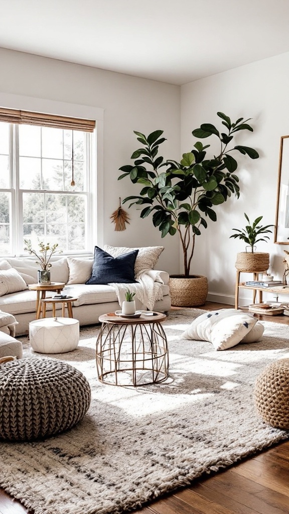 boho farmhouse living room - 
A cozy boho farmhouse living room with a large area rug, plants, and soft furniture.