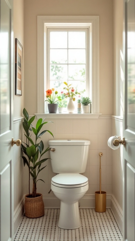 tiny half bathroom ideas - Bright and inviting tiny half bathroom with light colors and natural decor
