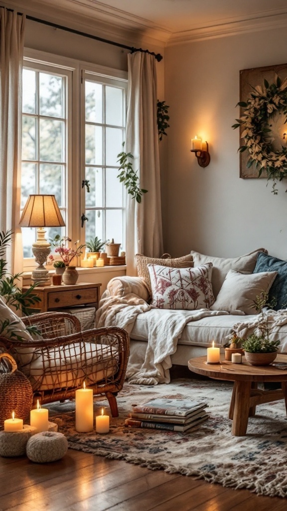 boho farmhouse living room - 
Cozy boho farmhouse living room with soft lighting, candles, and warm decor.