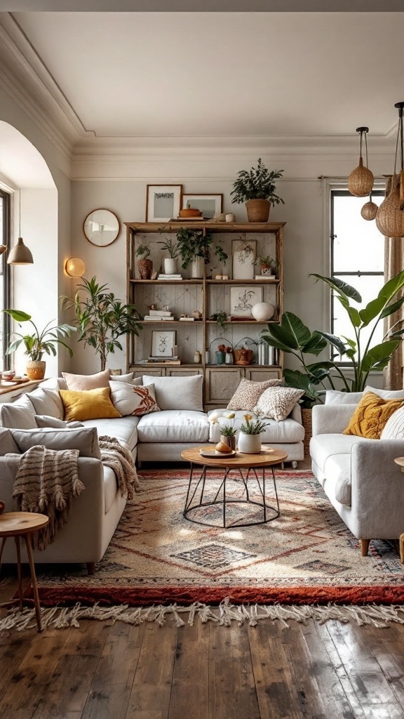 cozy boho living room - Cozy boho living room with two sofas, a round coffee table, plants, and decorative shelving.