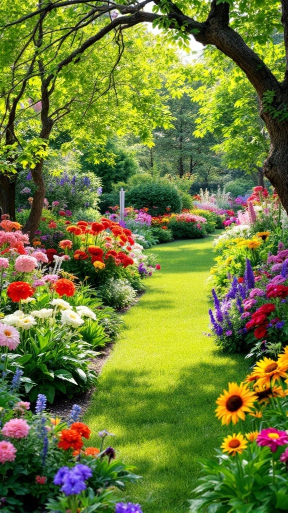backyard layout - Colorful flower beds alongside a green path in a sunny garden