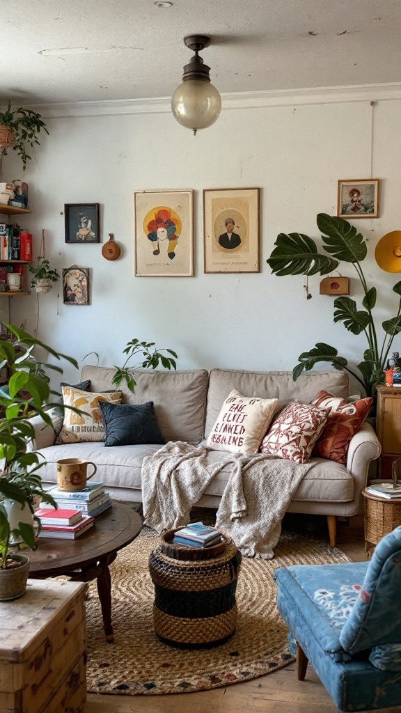 earthy boho living room -Cozy earthy boho living room with vintage decor, plants, and a mix of colorful pillows