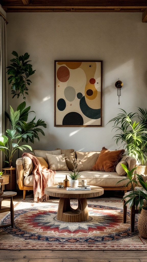 cozy boho living room - A cozy boho living room featuring a beige sofa with cushions, a wooden coffee table, colorful artwork, and plants.