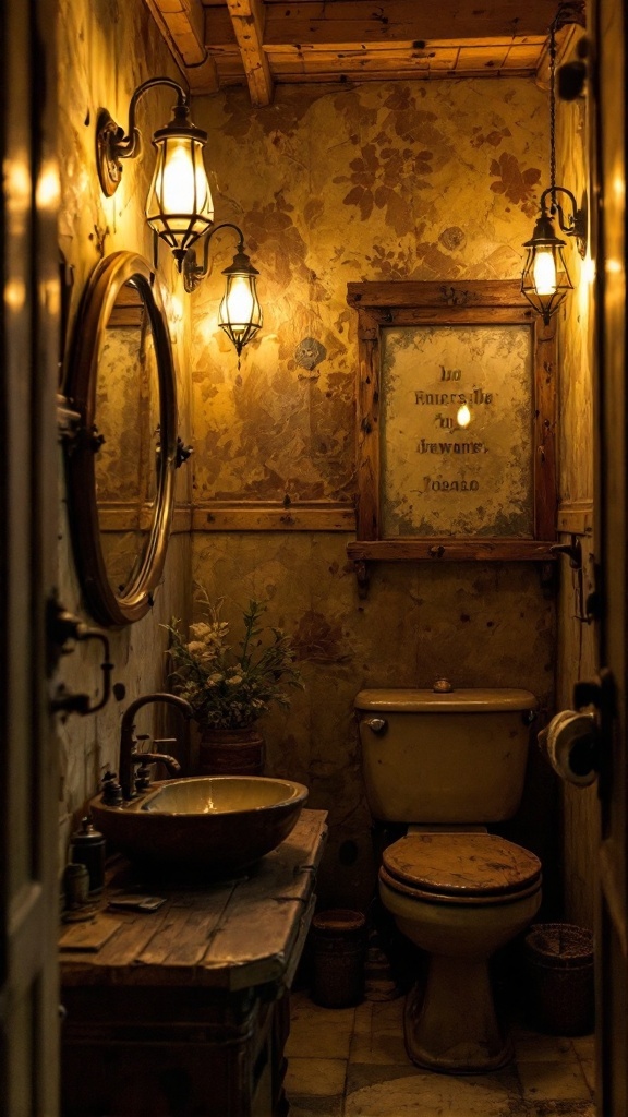 rustic small bathroom ideas -A rustic small bathroom featuring vintage lighting fixtures, a wooden sink, and floral wallpaper.