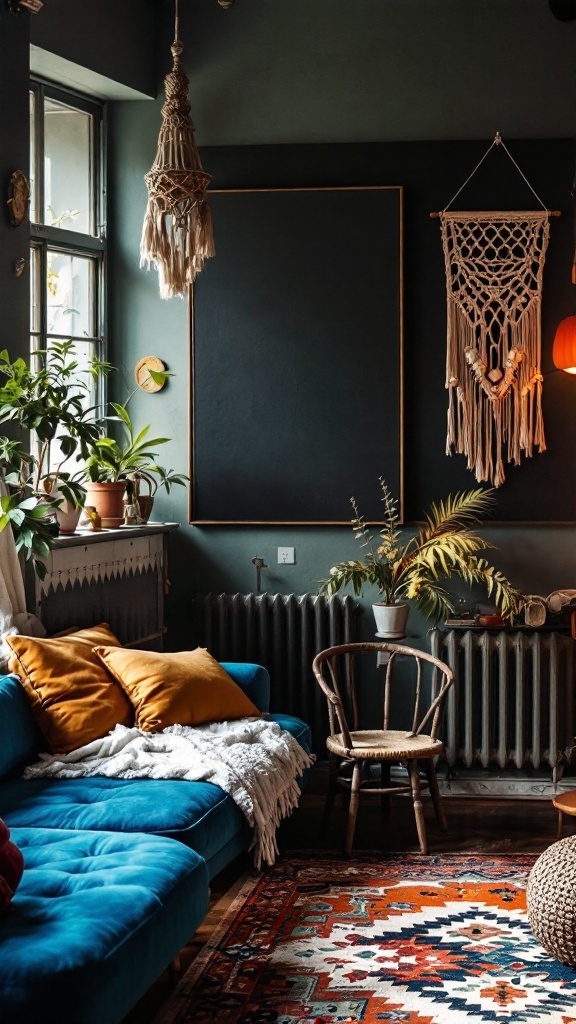 colorful boho living room - Colorful boho living room featuring vintage wall art and macramé decor