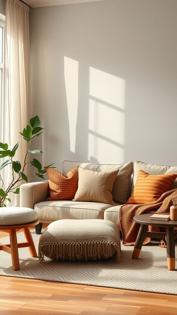 Neutral Fall Decor Living Rooms
- Living room featuring warm earth tones with a beige sofa, colorful pillows, a fringed ottoman, and natural light.